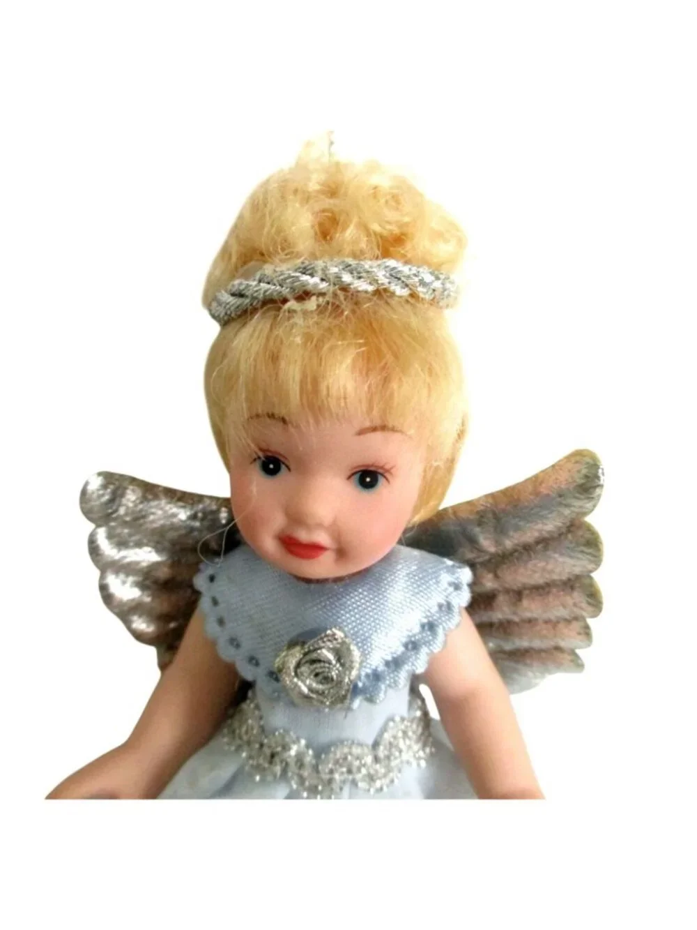 Vintage Angel Porcelain Doll Christmas Ornament Silver Wings Blue Dress 5